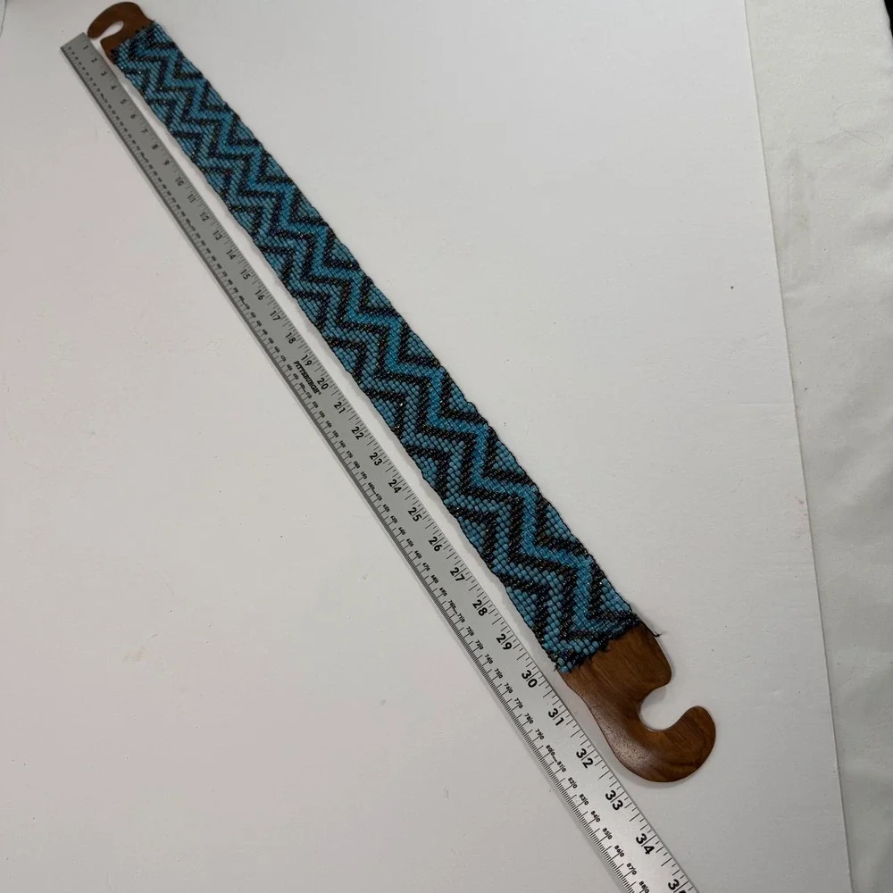Beaded Elastic Stretch Waist Belt Blue Wood Buckle Festival Boho Artisan